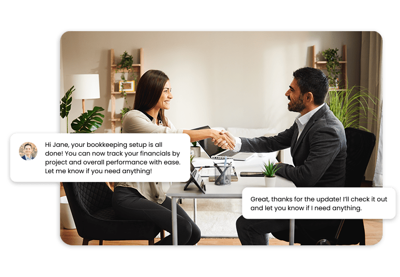consultation Two people sitting at a table in an office setting, shaking hands and discussing bookkeeping setup, with dialogue bubbles above them.