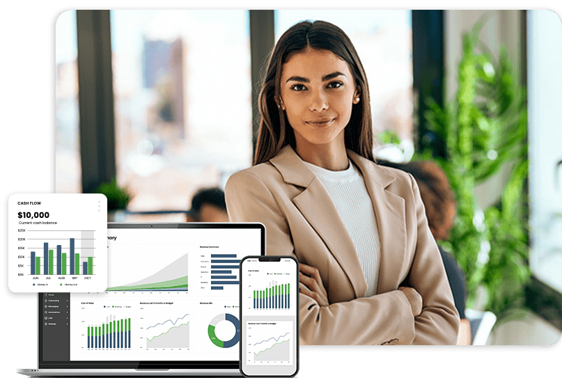 hero A confident woman in business attire stands in an office. In the foreground, a laptop, tablet, and smartphone display various financial graphs and charts.