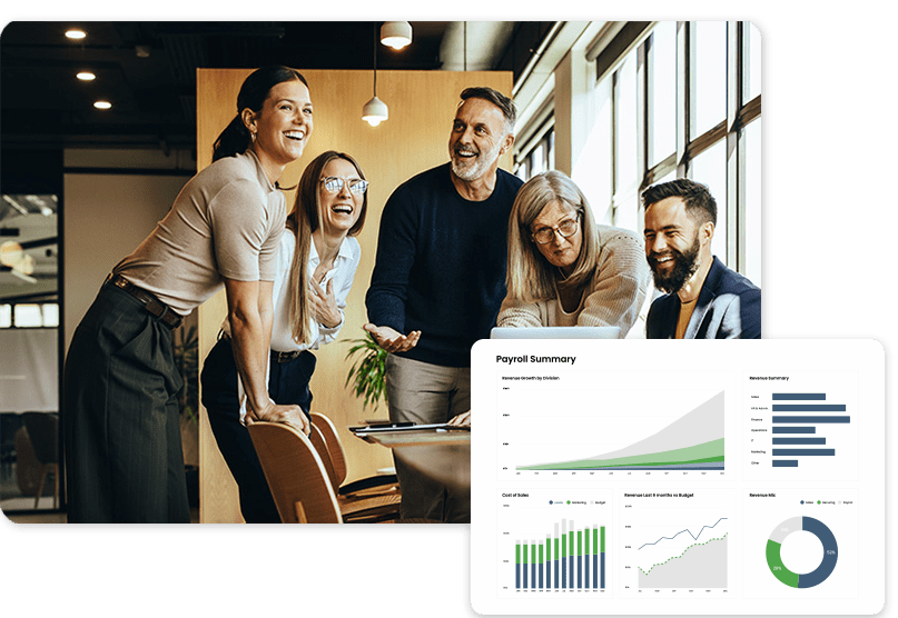 payroll A diverse group of five people laughing and leaning over a table in an office setting, accompanied by a chart displaying payroll summary data with graphs.