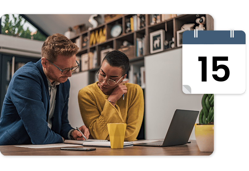 taxprep Two people in an office setting, looking at a laptop and notes. A calendar icon shows the number 15.